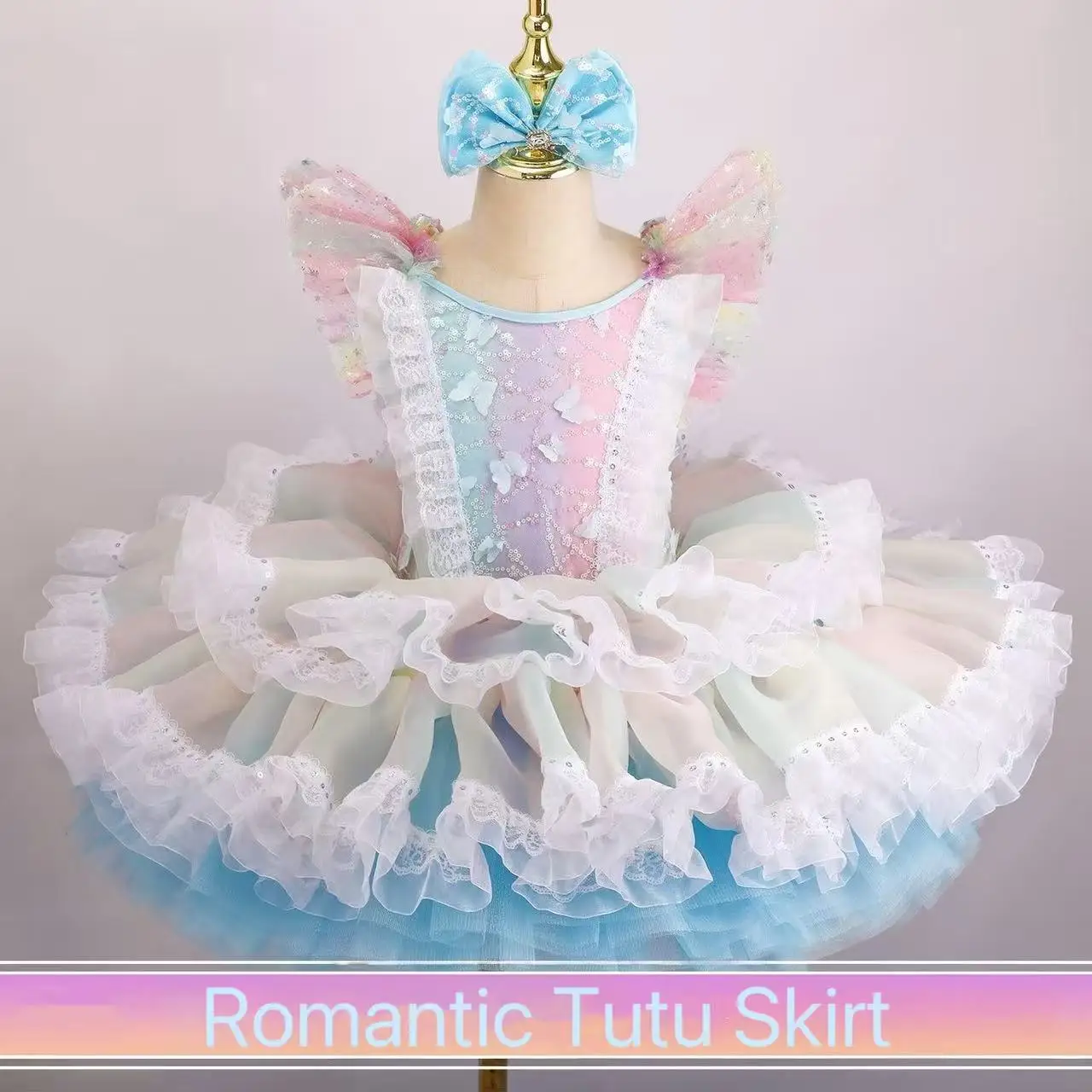 

Romantic Sequin Butterfly Ballet Dress Girls Multi-layer Mesh Tutu Skirt Carnival Event Stage Performance Suits Rainbow