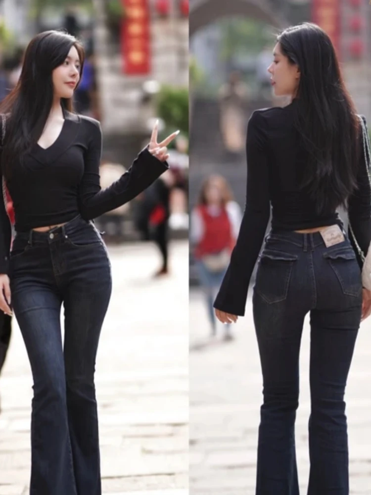 

High Waist Stretchy Waed out Micro Flared Jeans V ape Waist Plump Hips Long Pants Casual Cotton Stretch Denim Skinnies