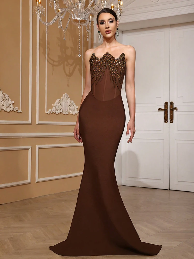 

Sexy Strapless Rhinestone Embellished Bandage Maxi Dress Women Brown Sleeveless Diamonds Beaded Bodycon Dresses Evening Party