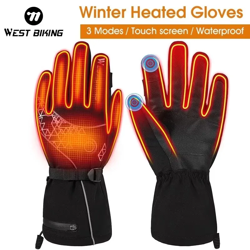 WEST BIKING Skiing Heating Gloves Winter Thermal Touch Screen Thicken Adjustable Heated Gloves No Battery Sports Cycling Gloves