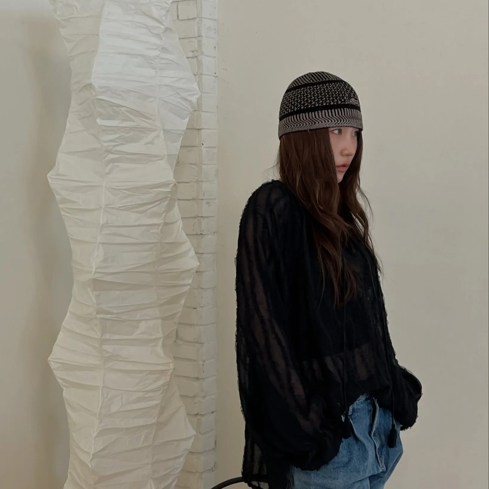 Korean Chic Textured Belted Shirt Women's Lazy Semi-Transparent Loose Long Sleeve Top Original Design Polyester Fiber