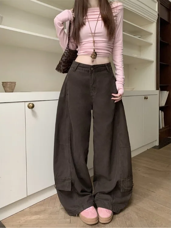 

American Retro Coffee Color Workwear Jeans Women's Spring 2026 New High Waist Wide Leg Floor Length Loose Long Trousers Trendy