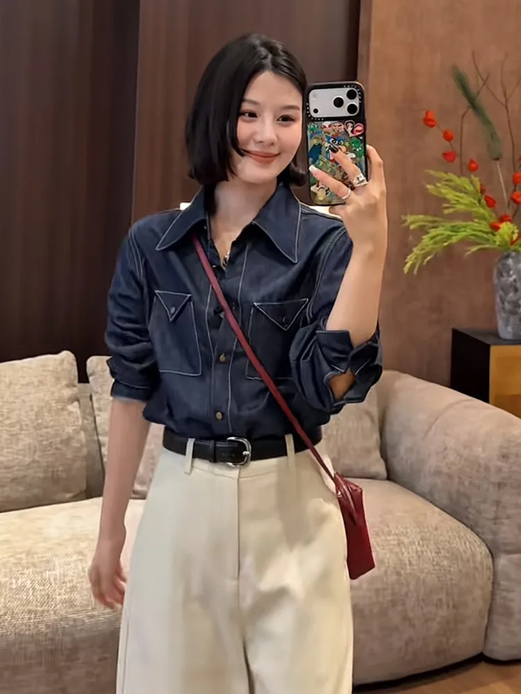 

Retro Korean Loose Long Sleeve Collared Denim Shirt Women's Fashion Spring New Style Slimming Versatile Trendy Casual Shirt