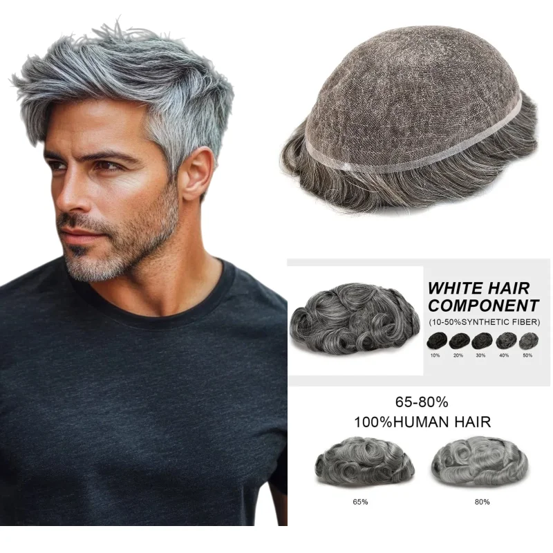 

Мужской парик из человеческих волос 7x9 дюймов, полная кружевная основа с серой смешанкой | Для городского перерыва цвета 1B40 # 4-местный стиль