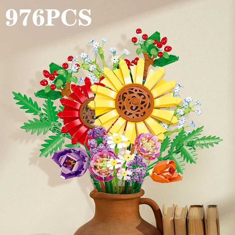 976PCS Bouquet Flower Building Blocks Sunflower Starry Lavender Everlasting Flower Model DIY Bricks Toys Children Christmas Gift