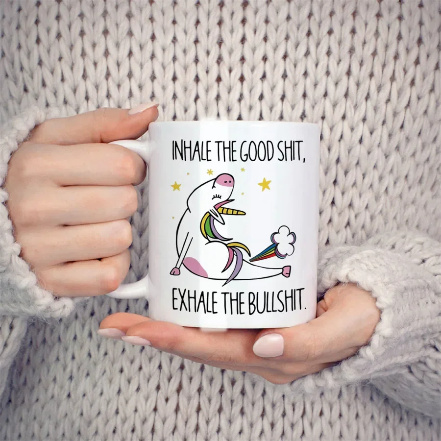 Unicorn Gift Mugs For Women, Inhale The Good Shit Exhale The Bullshit Yoga Birthday Gifts Coffee Ceramic Tea Cups White 11 oz