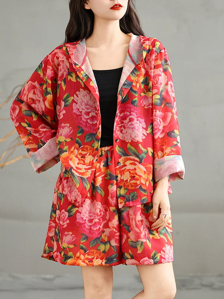 

Casual Large Size Retro Ethnic Style Northeast Big Flower Hoodie Top Shorts Cotton Linen Two Piece Set Women Summer