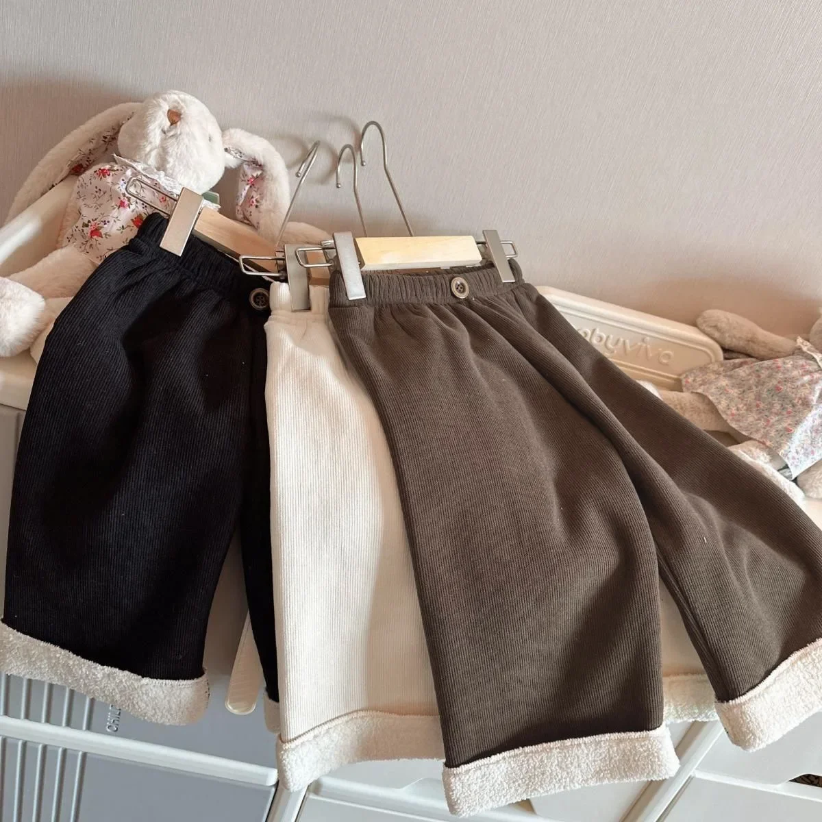 1pcs Boys Girls Winter Velvet Corduroy Kid Pants Little Bear Cartoon Mid Waist Warm Pantalone Baggy Thick Plush Children Trouser