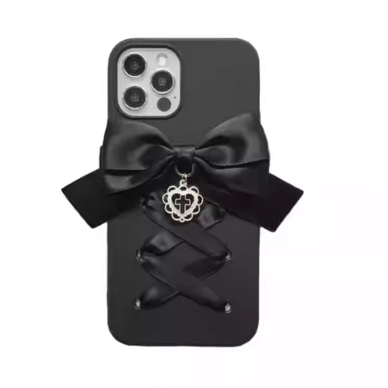 Harajuku كول الأسود الشريط Bowknot اليدوية جراب هاتف آيفون 1615 14 13 12 برو ماكس X XS XR غالاكسي القوطية Y2k غطاء أسود #6
