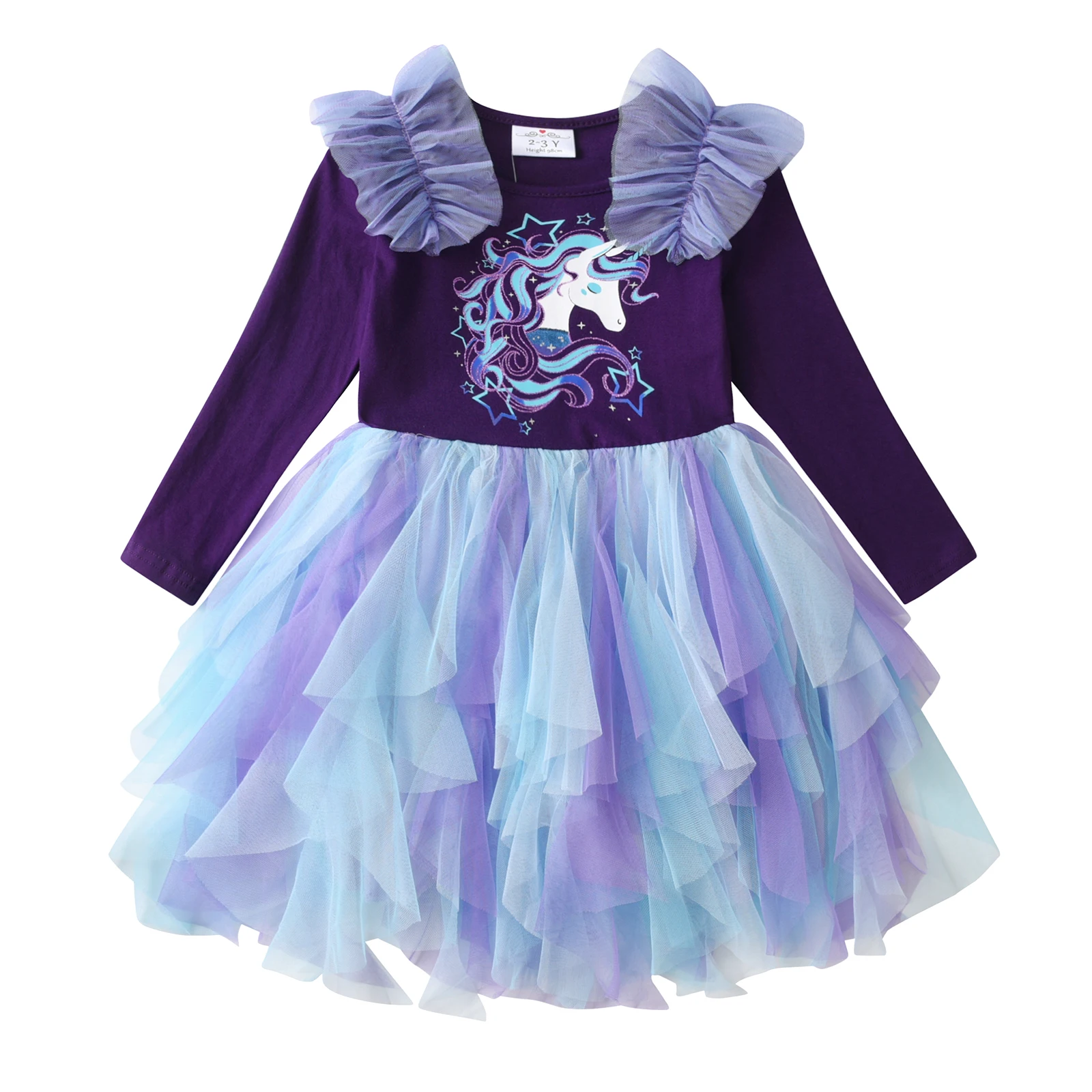 VIKITA Girls Unicorn Long Sleeve Fall Spring Purple Dress Kids Princess Birthday Tulle Mesh Tutu Party Princess Casual Outfits