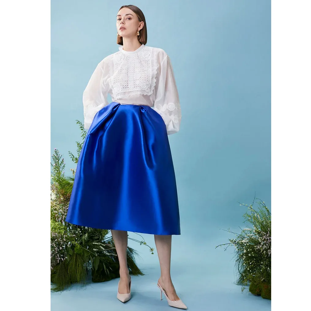 

New Couture Royal Blue Mid Calf Satin Women Skirts With Pockest High Quality Modest A-line Female Maxi Skirt