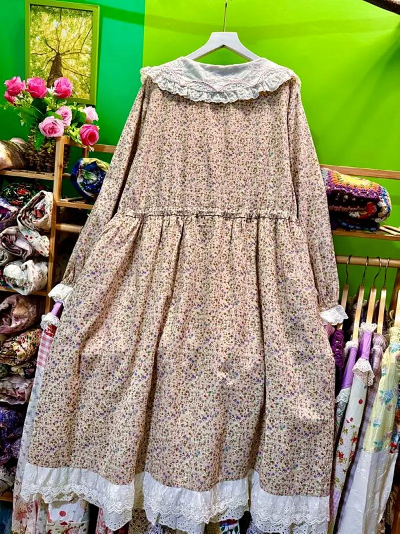 Spring Autumn Cotton Lace Sweet Lolita Patchwork Midi Dress for Women Mori Girl Kawaii Japanese Harajuku Rococo Long Dress