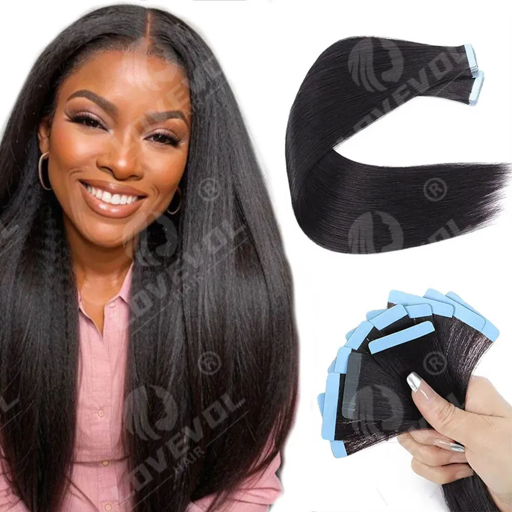 

Yaki Straight Double Sided Tape-In Human Hair Extensions 20pcs Easy Apply No Damage Kinky Straight Hair for Women