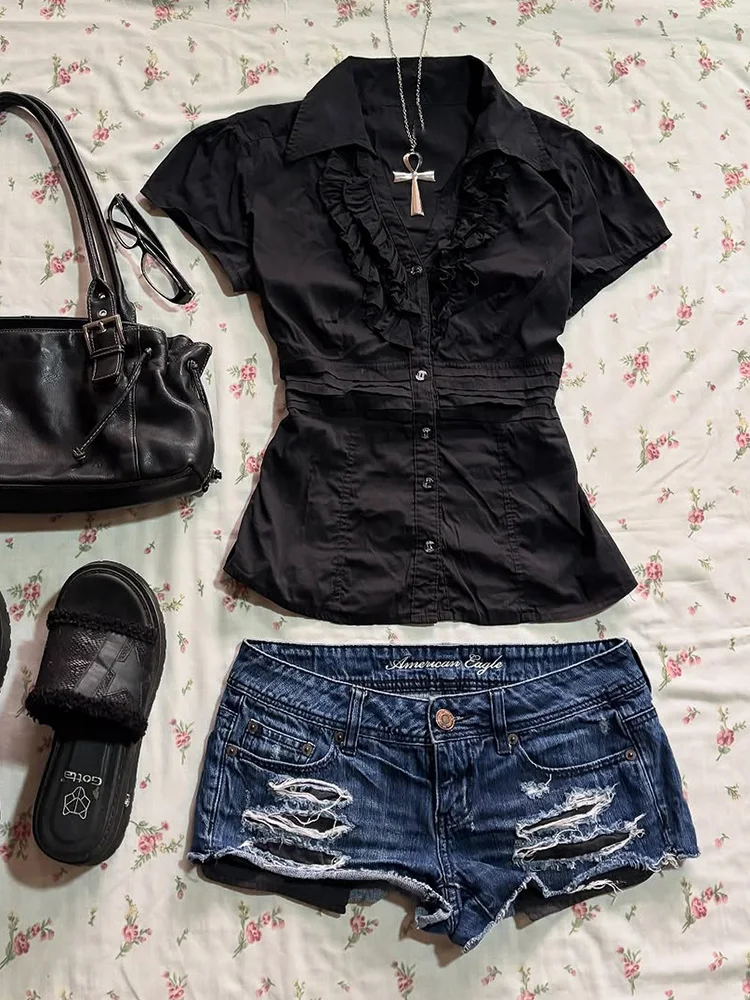 

Summer Original Retro Waist-Cinching Top Bla irt Unique Design Cotton Blend ort Sve Button-Up Women's Faion