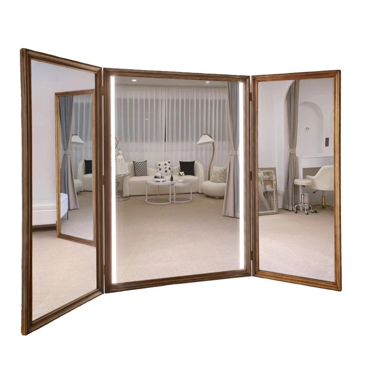 

Solid wood wedding mirror, three-sided enlarged fitting mirror, full body, ultra-white dress landing