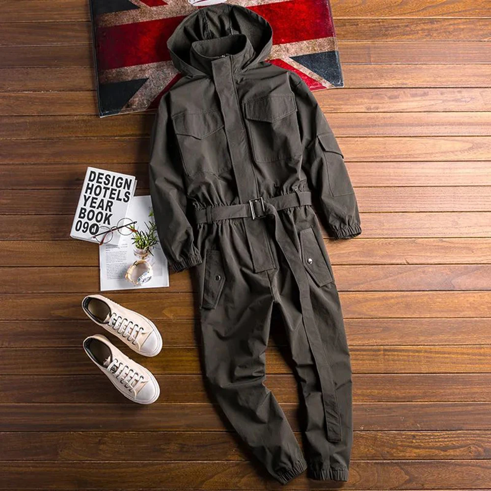 2024 Spring And Autumn New Hip-Hop Retro Workwear Jumpsuit Mens Casual Loose Long-Sleeved Khaki Hooded Jumpsuit Suit For Men