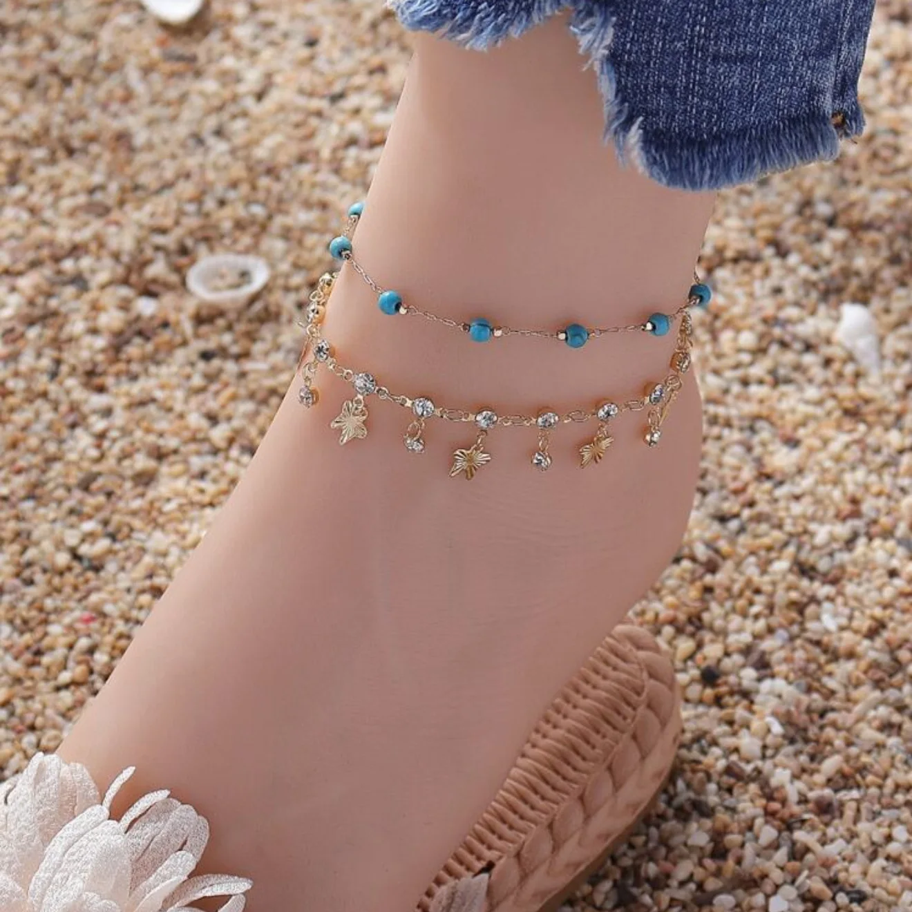 

Bohemian anklet new turquoise butterfly pendant beach wind ankle chain stacked foot jewelry