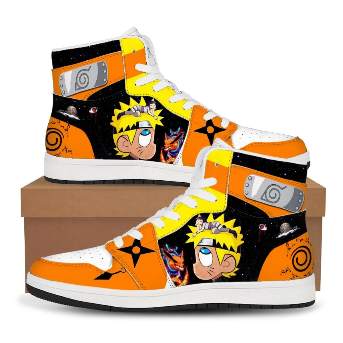 アニメ「naruto」のプリントが施されたハイカットスニーカー。メンズ、レディース、カジュアル、ストリート、スケートシューズ。カカシ、サスケ、ガアラの柄。コスプレ用。ファンへのギフトに最適。