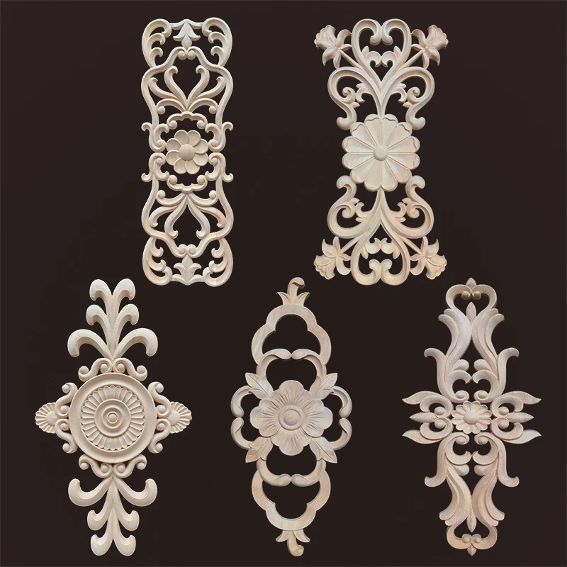 Natural Floral Wood Carved Figurine Craft Wood Carving Onlays Appliques Home Decoration wood decals for furniture inlay decal