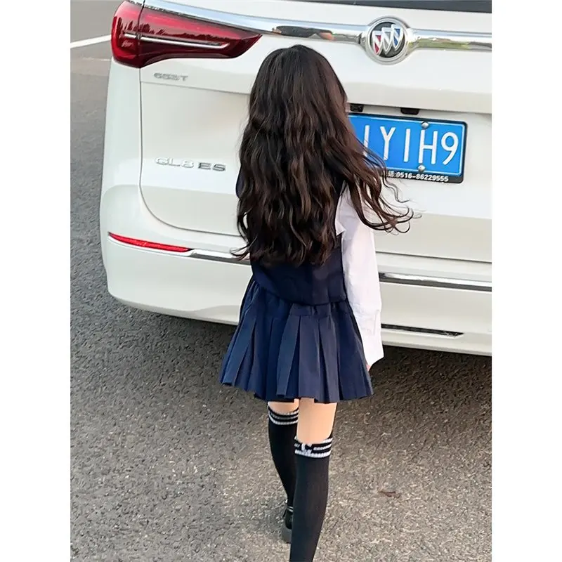 Spring/Autumn Teen Girl suit Cloth long sleeve JK tie Shirt blouse + vest + Pleated skirt children set 4 6 7 8 9 14 11 12 year