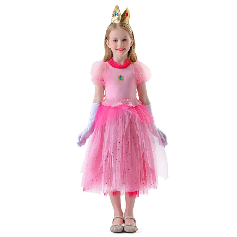 

Candy Kingdom Princess Set Pink Tiered Tulle Dress Crown Gloves Game Inspired Costume for Kids Fantasy Theme Parties Halloween