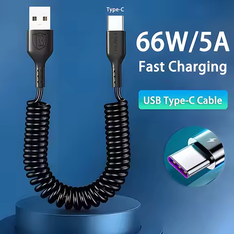 66W 5A Fast Charging Type C Cable Spring Telescopic Car Phone Charger Cable For Samsung S24 S23 S22 Ultra Xiaomi Redmi USB Cable
