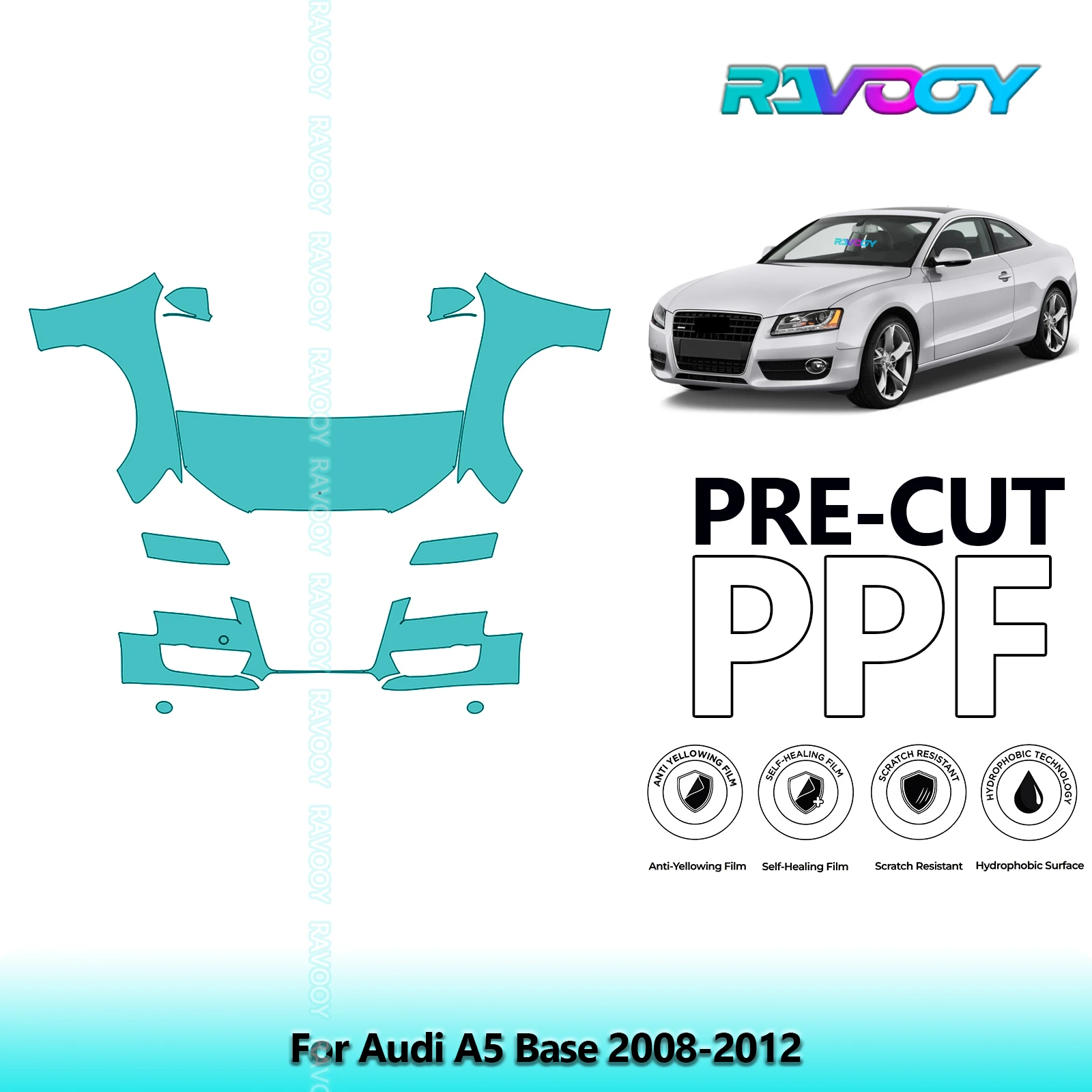 For Audi A5 Base 2008-2012 Partial Front Pre-Cut Paint Protection Film PPF Stone Chip Kit | Clear / Matte / Black Finish Options
