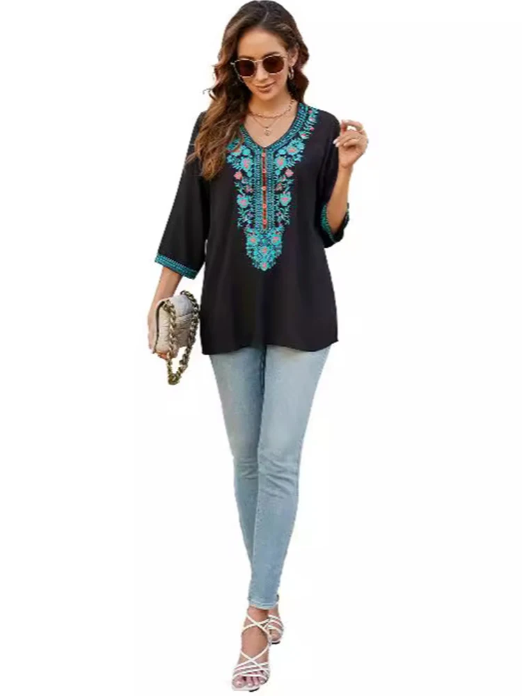 KHALEE YOSE Black Floral Embroidery Blouses Shirt V-neck Loose Ukraine Summer Boho Hippie Boho 23xl Ethnic Chic Shirt Women Top