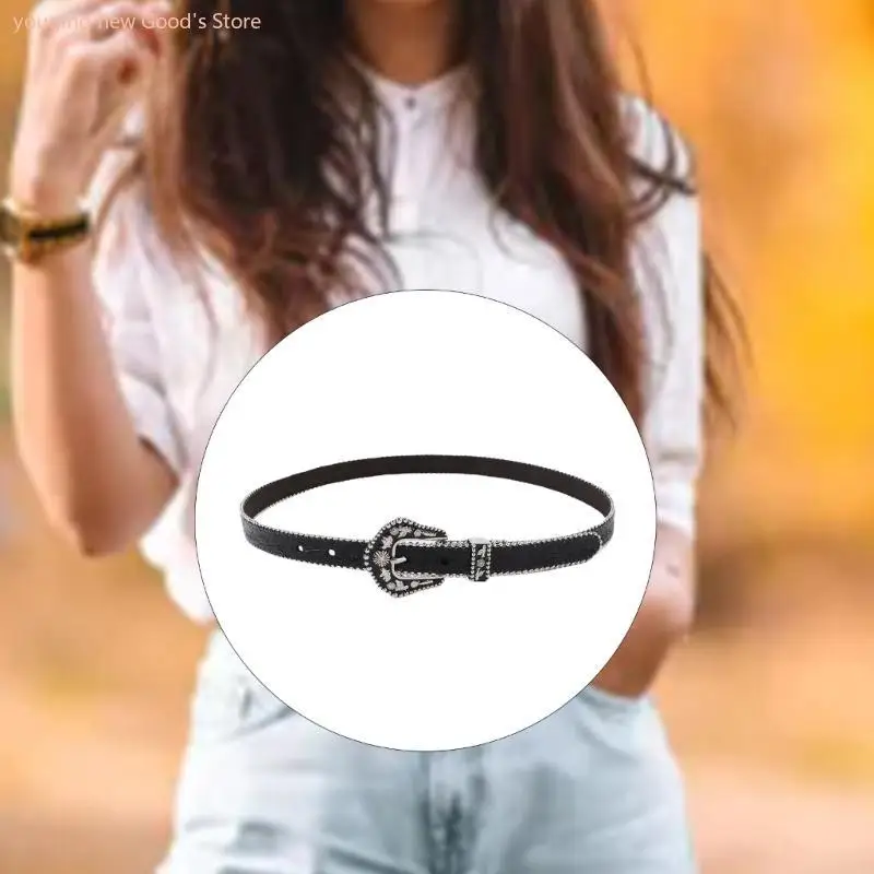 

49ME PU Leathers Belt for Women Metal Buckle Thin Belts Strap for Dress Jeans Pants