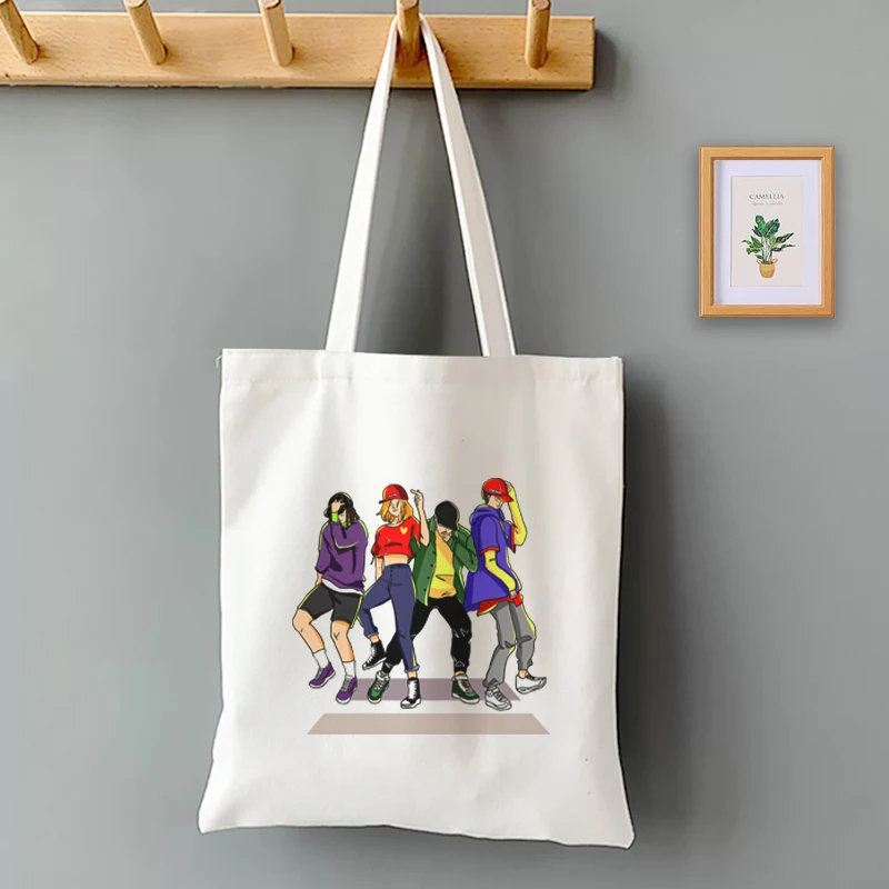 Women Canvas Shoulder Bag Street Hip-Hop Dance for Boys and Girls Print Cloth Tote Bags Shopping Ecobag Student Grocery Bag Gift