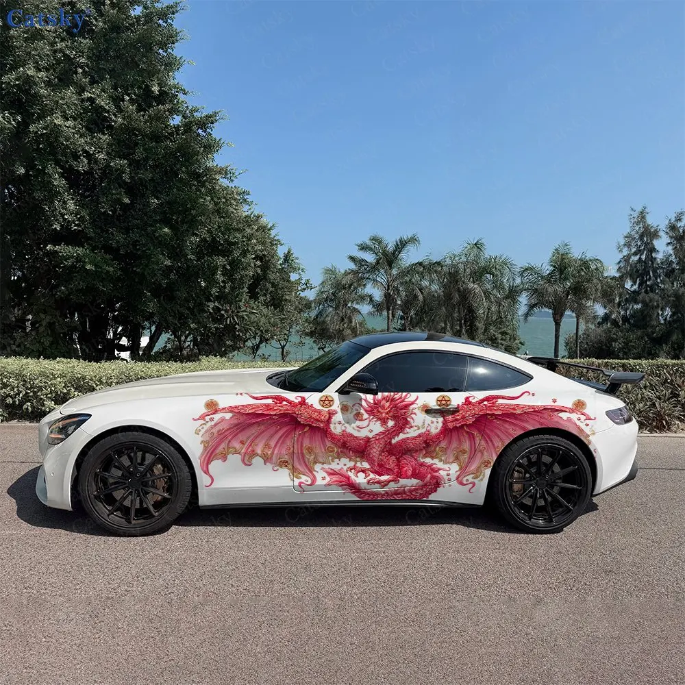 2pcs Sparkle Star Ornate Pink Dragon Car Side Wrap, Self-Adhesive PVC Waterproof & Scratch-Resistant Sticker, Car Accessory Gift