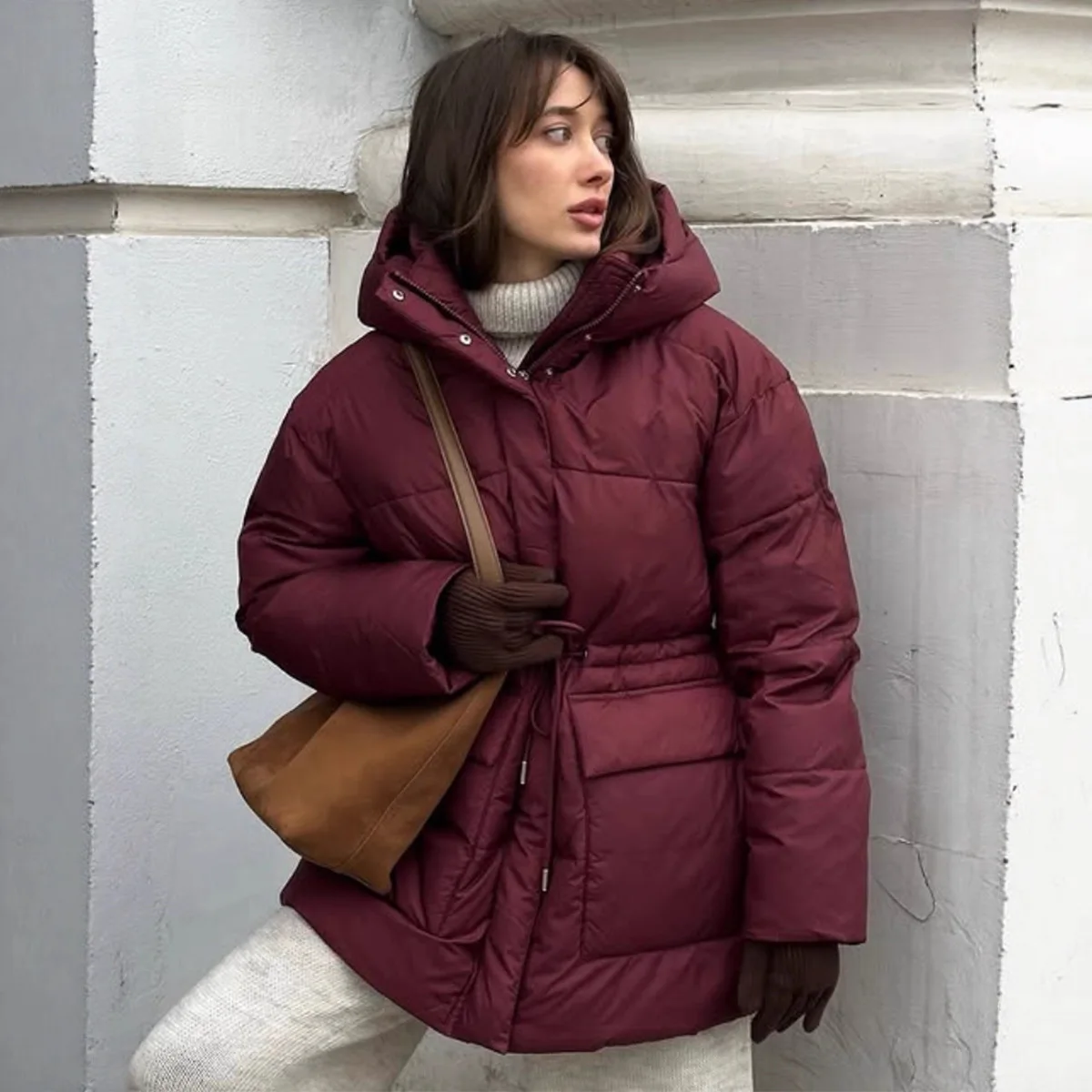 

FRAYA LAB New 2026 Winter Women Wine Red Hooded Puffer Coat Drawstring Waist Zipper Warm Bread Jacket Outerwear