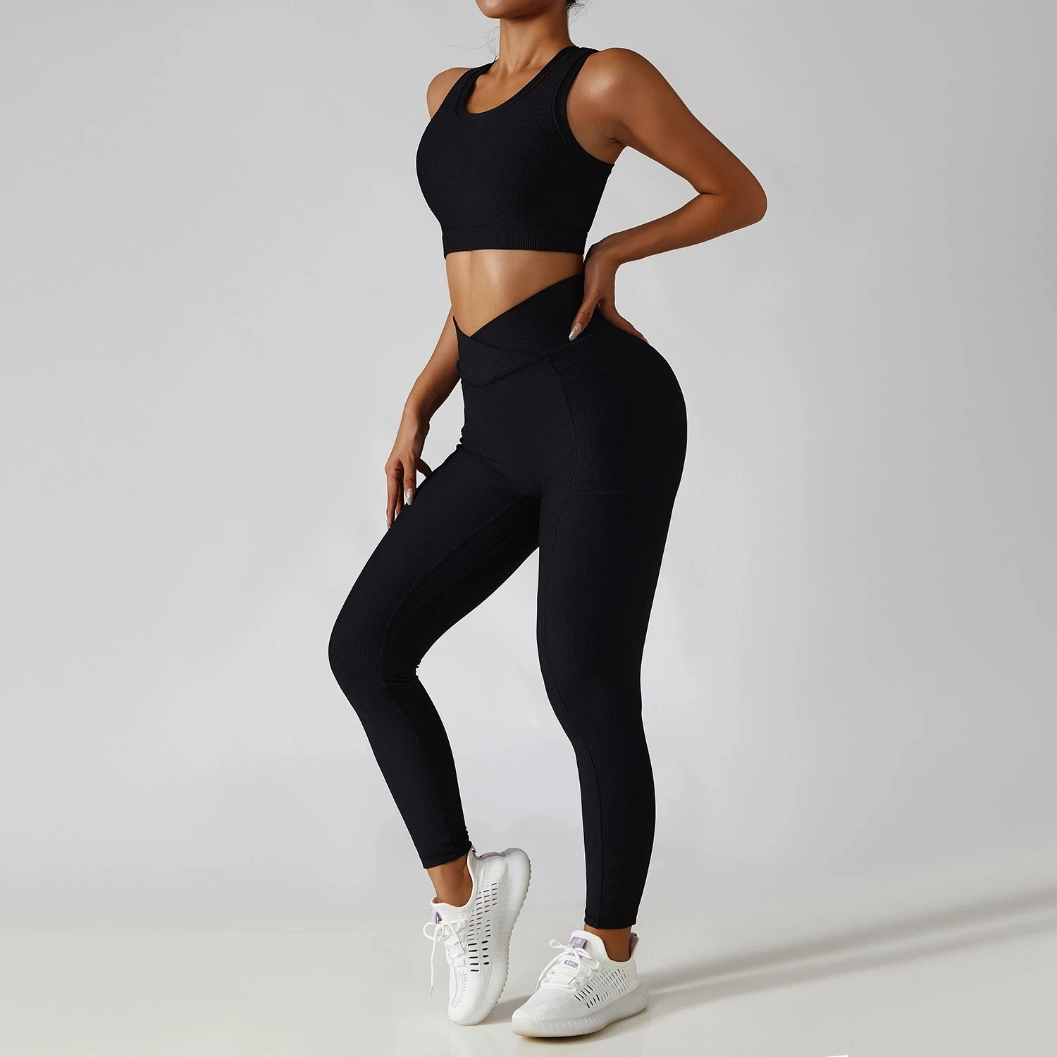 2 Pcs Seamless Women Tracksuit Yoga Set Ribbed Running Workout Sportswear Gym Clothes Fitness Bra High Waist Leggings Sport Suit