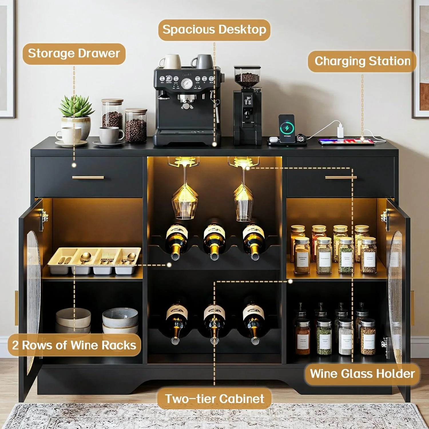 Coffee Bar Cabinet with Fridge Space Wine Bar LED Lights Power Outlet Glass Doors Freestanding Liquor Cabinet Black image 9