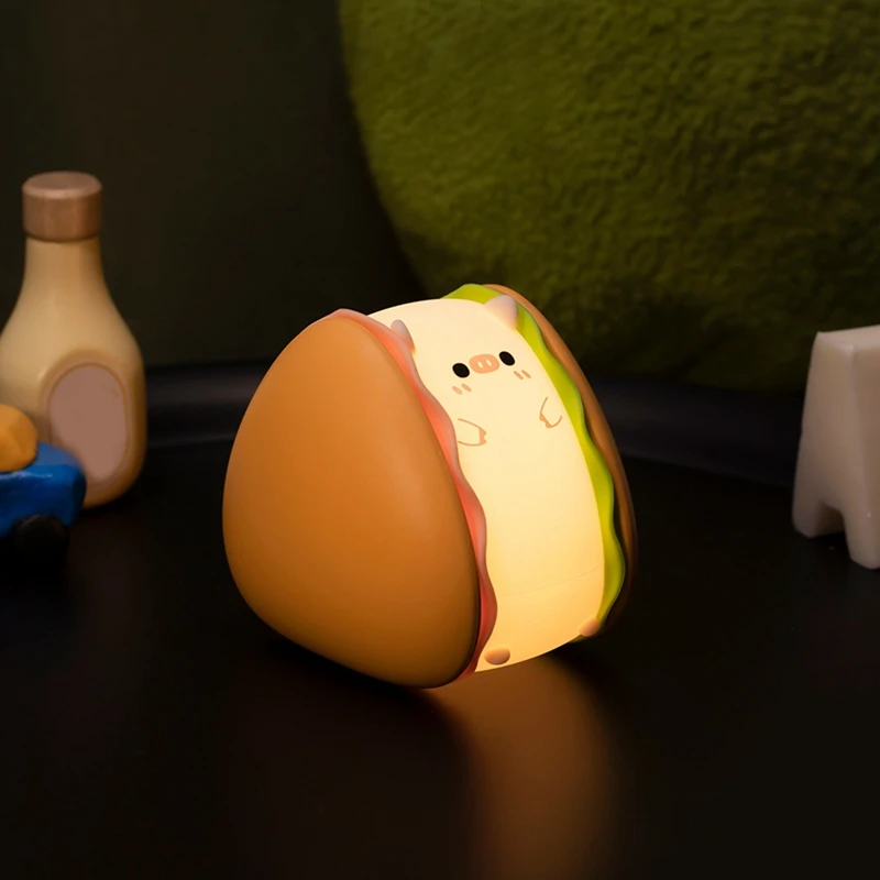 TKOH-Burger Piggy Luz nocturna de silicona, luces nocturnas, LED Squishy Novedad Animal Regalos lindos -3 niveles de brillo, sensor táctil
