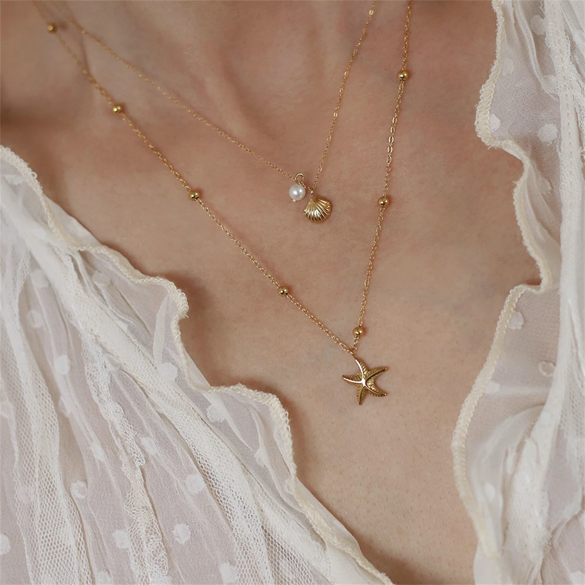 Double layered starfish shell summer vacation style collarbone chain necklace, plated with real gold, color preservation