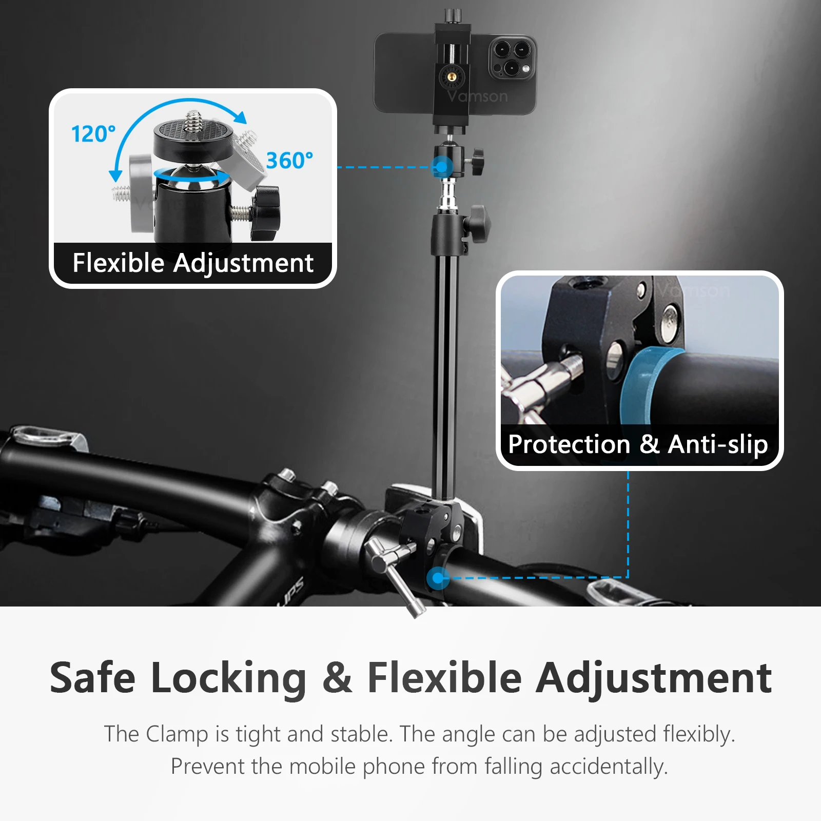 Vamson Bike Phone Holder Bicycle CellPhone Mount 3rd Person View Selfie Stick Road Cycling Smartphone Stand for Vlog Navigation