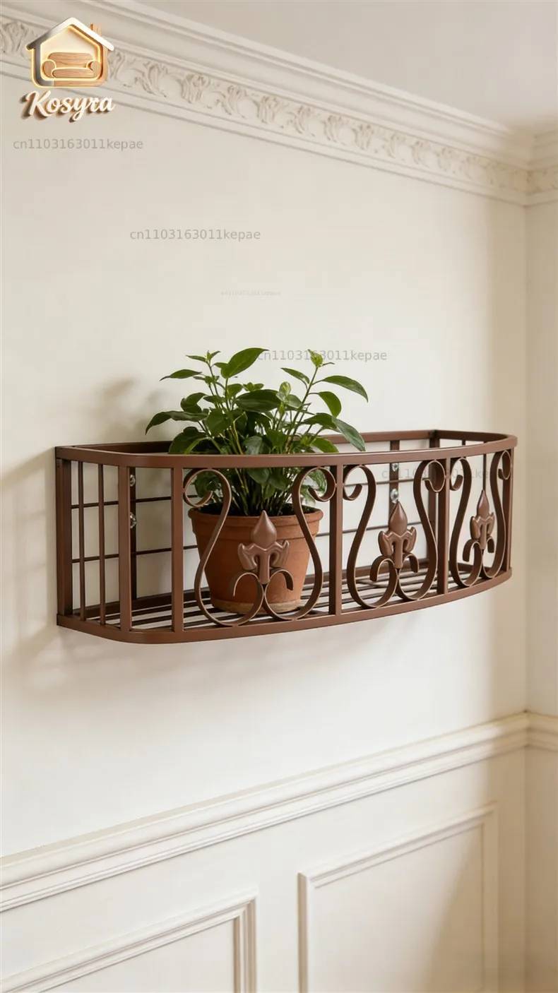 Wrought iron balcony wall-mounted flower rack, antique bronze curved carved window edge wall-mounted flower pot rack