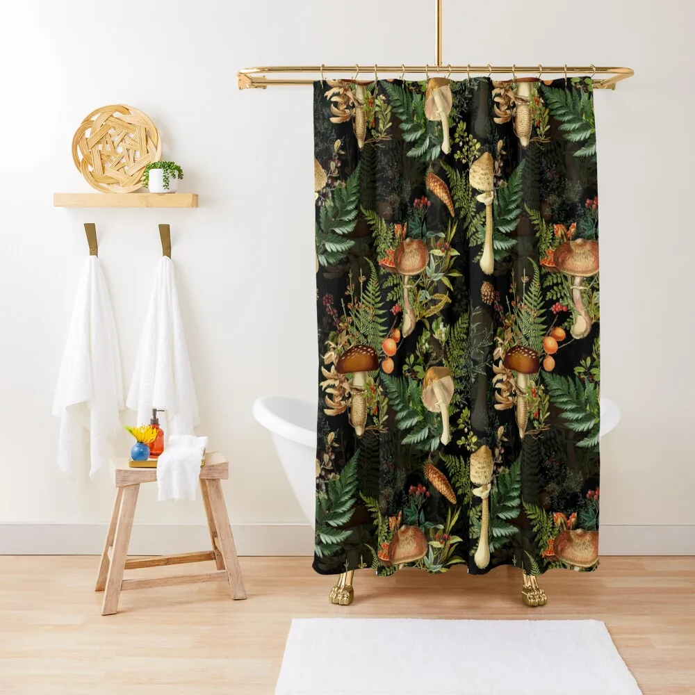 

Vintage toxic mushrooms forest pattern on black Shower Curtain Bathroom Shower Set Cute Shower Curtain