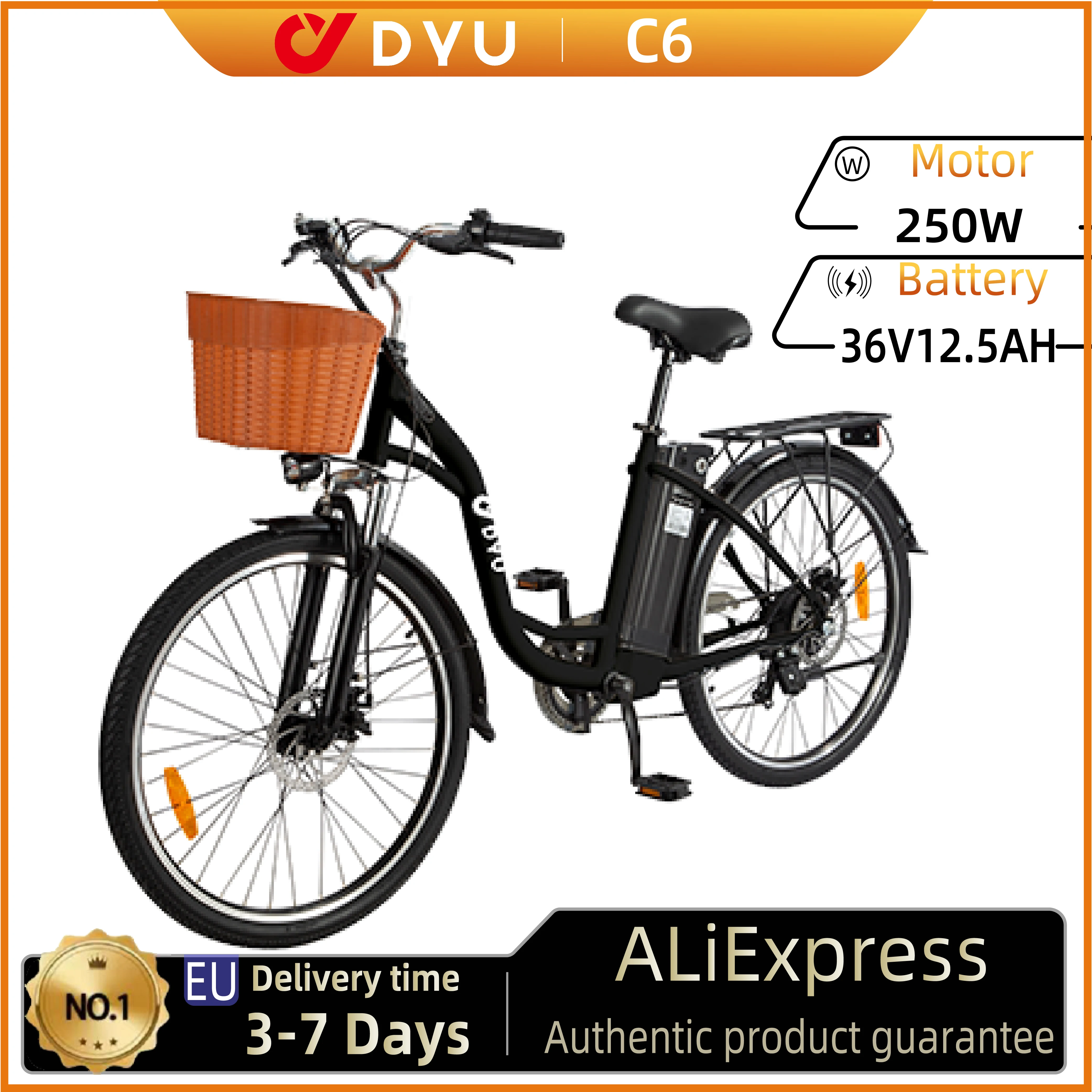 DYU C6 Bici Elettrica 26 Pollici 250W 36V 12.5AH Batteria Al Litio Rimovibile Classica Retro Moto Urbana E Ausiliaria E-Bike