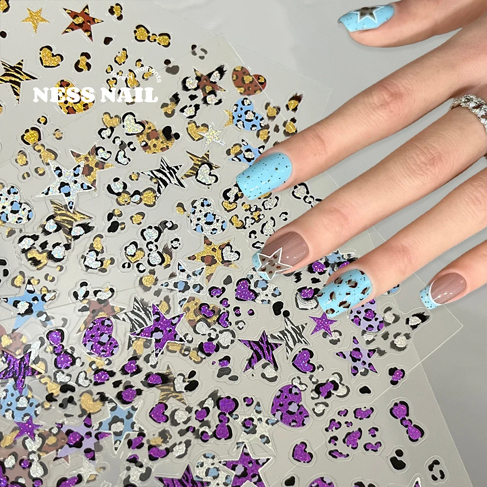 5D y2k-luipaardprint ster hart nail art stickers met glitter zelfklevende stickers schattige koe print herfst winter nagelbenodigdheden