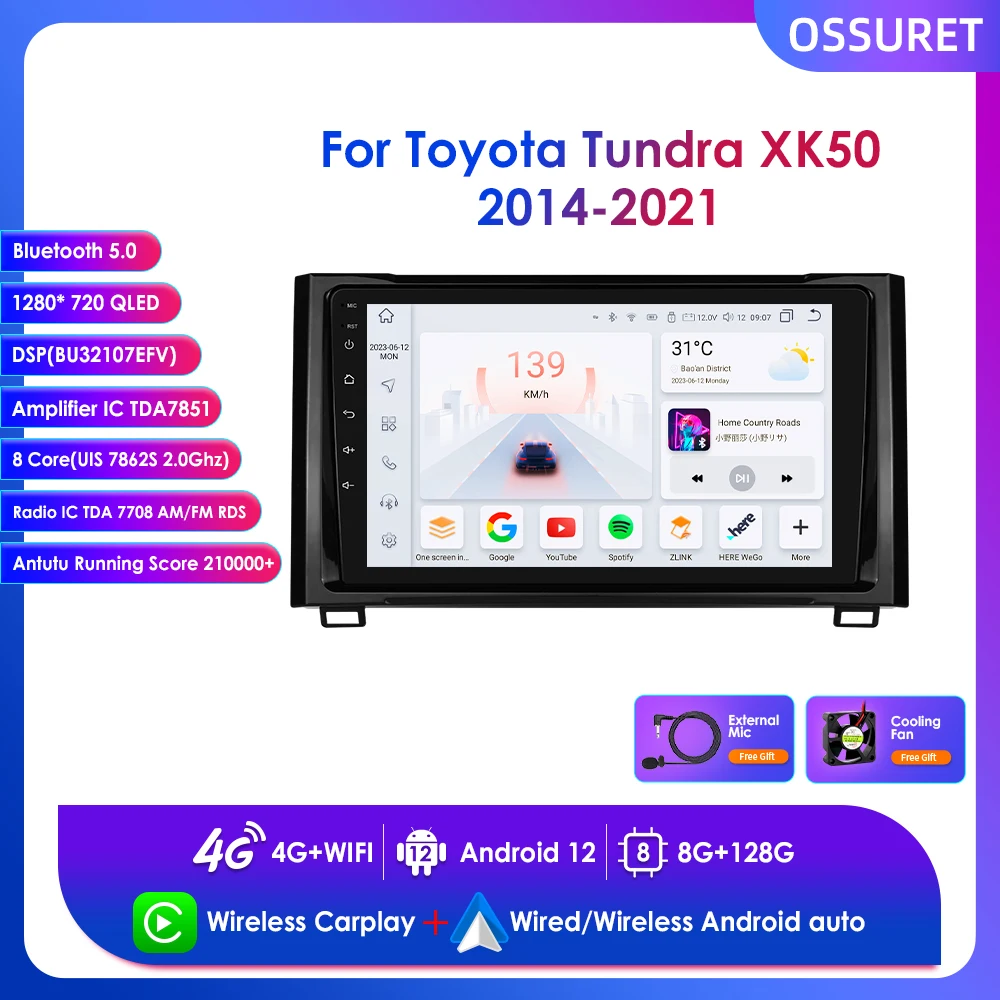 

9" Wireless Carplay Automotive Multimedia for Toyota Tundra XK50 2014-2021 Android Stereo Car Radio BT GPS Navi RDS DSP 4G 2 Din