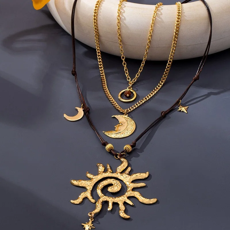 Boho Multi Layer Sun Moon Star Pendant Necklace for Women Vintage Gold Color Hollow Sun Face Black Rope Chain Stacked Statement