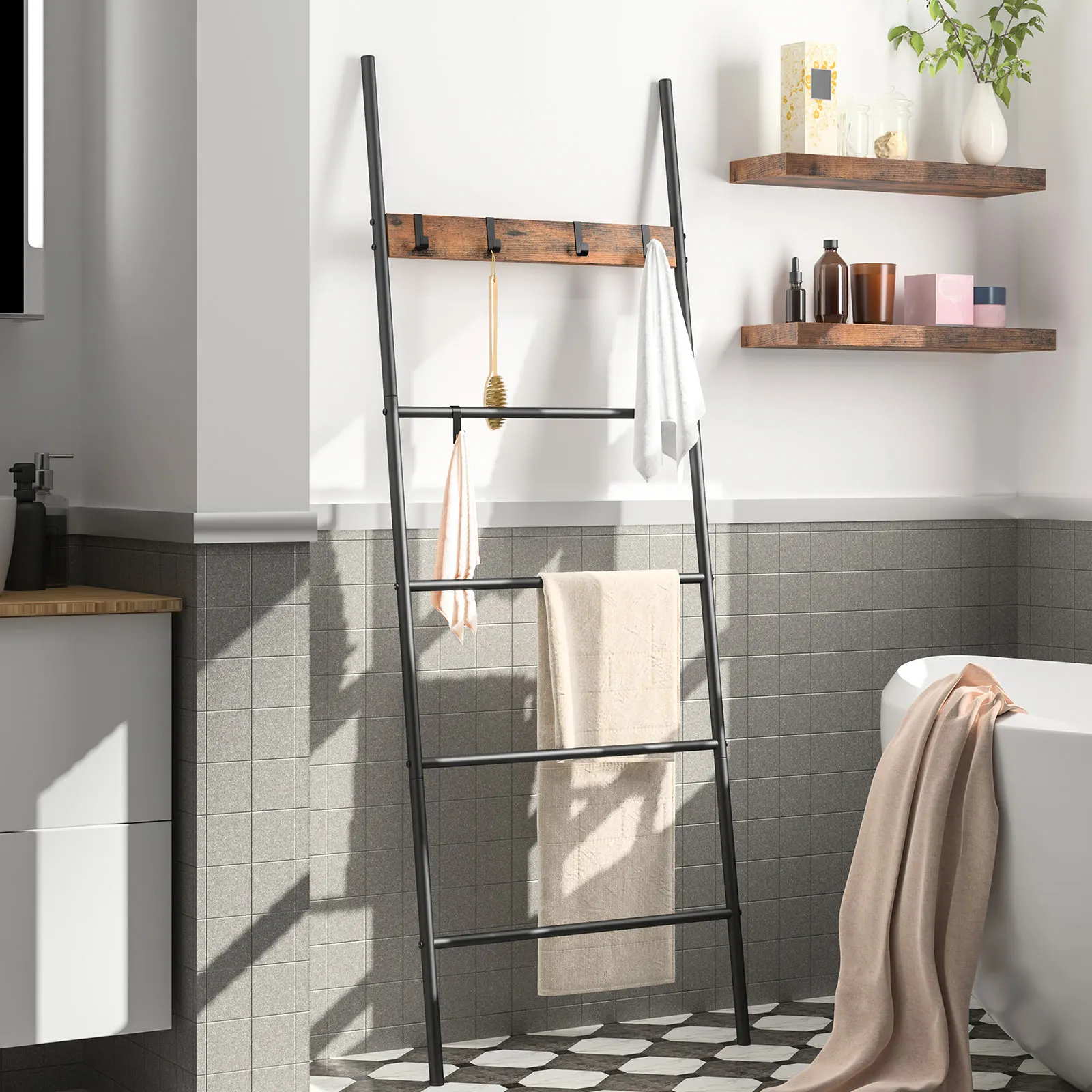 HOOBRO Towel Blanket Ladder 5-Tier Towel Ladder Quilts Rack With 5 Removable Hooks Towel Drying and Display Rack For Bathroom
