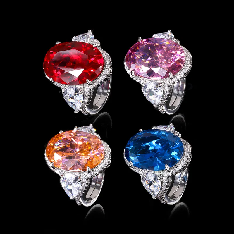 

Blue Oval Cut Cubic Zirconia Statement Ring Sparkling Halo Teardrop Side Stones Adjustable Size Fashion Women's Cocktail Jewelry