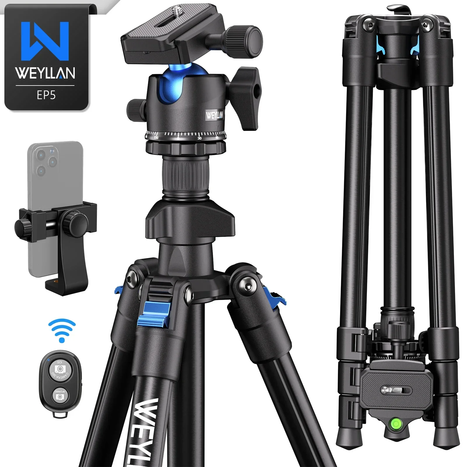 WEYLLAN EP5 64.17-inch Professional Camera Tripod Photography Tripod Monopod 8kg Load Capacity with 360° Rotatable 38mm Ballhead