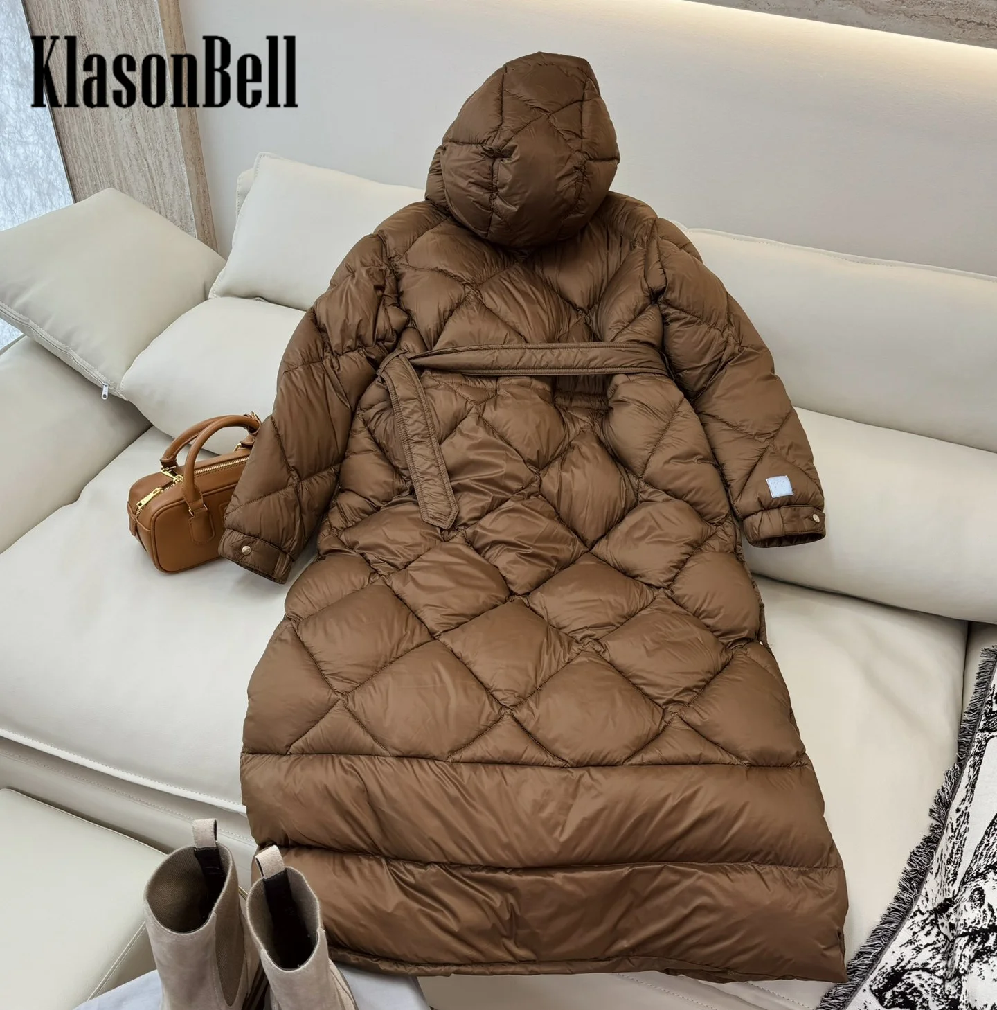 9.5 KlasonBell Women Quilted Argyle Plaid Hooded Goose Down Outerwear Long Sleeve Sashes Slim Long Keep Warm Down Jacket