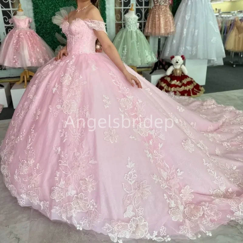 

Angelsbride Pink Long Train Appliques Quinnceanera Dress Ball Gown 2025 Brithday Party Vestidos De 15 Años Quinceañeras