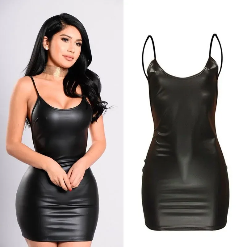 New Tight Ins Patent Leather High Elastic Sling Backless Sleeveless Dress Hip-Wrapped Short Outer Wear Leather Skirt