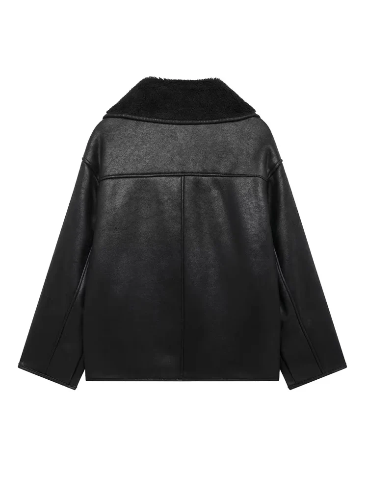 KAOPU ZA Women front patch pockets faux shearling jacket vintage lapel-neck long sleeve button-up female outerwear chic tops
